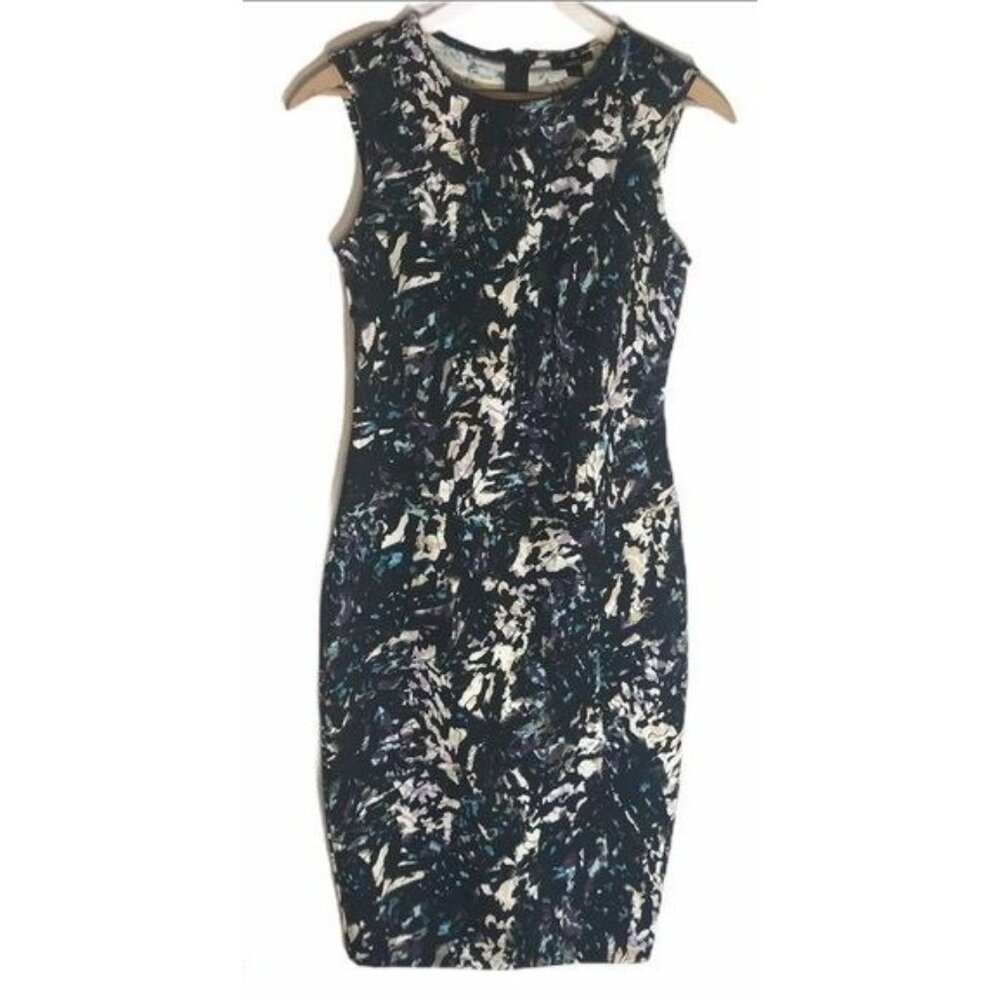 mossio graphic black purple sleeveless dress stretch knee length zip size XSP RE